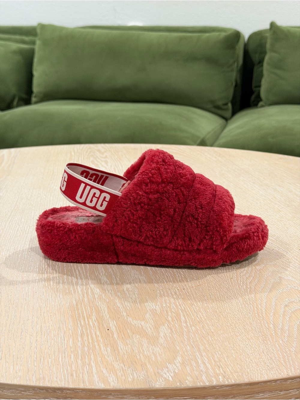 UGG Red Plush Slide with Branded Heel Strap